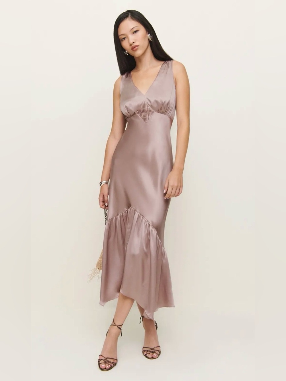 NWT Reformation Cordia Silk Sleeveless V-Neck Midi Dress in Incense Size 0